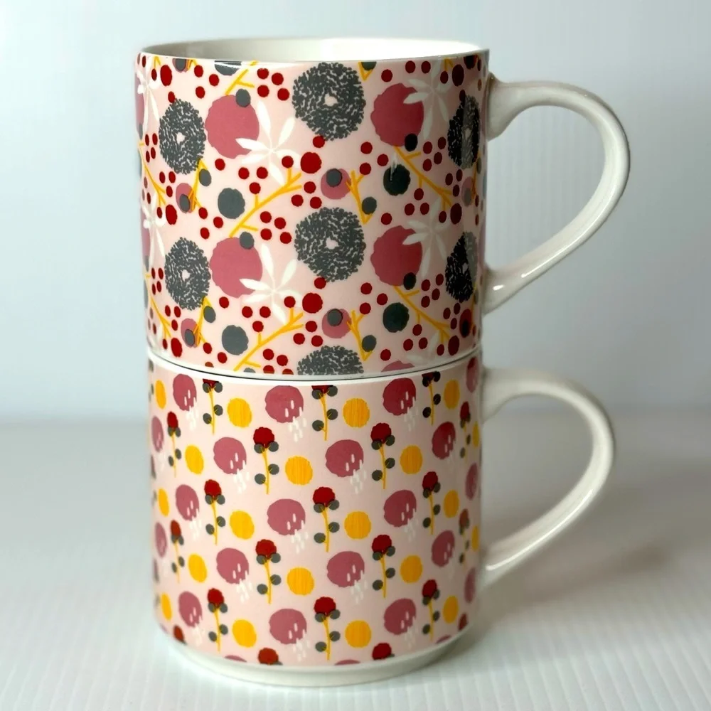 Set Of 2 Coco & Lola Large Coffee Mugs Pink Floral And Polka Dot Ceramic Set